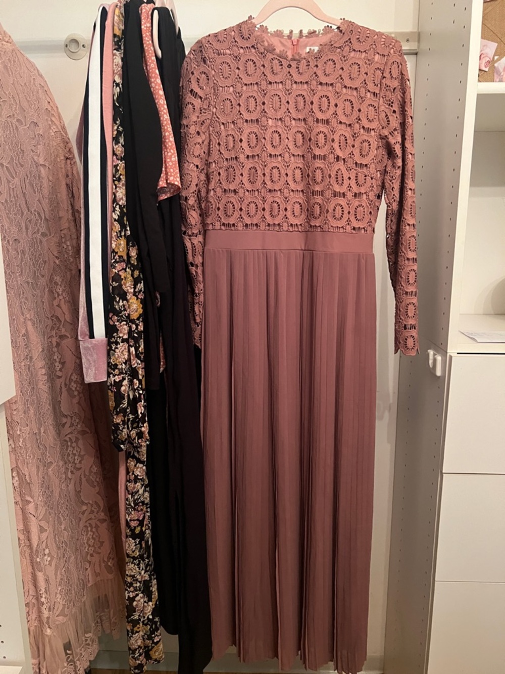Dainty Jewells Mauve Lace & Pleated Long Sleeve Maxi Dress